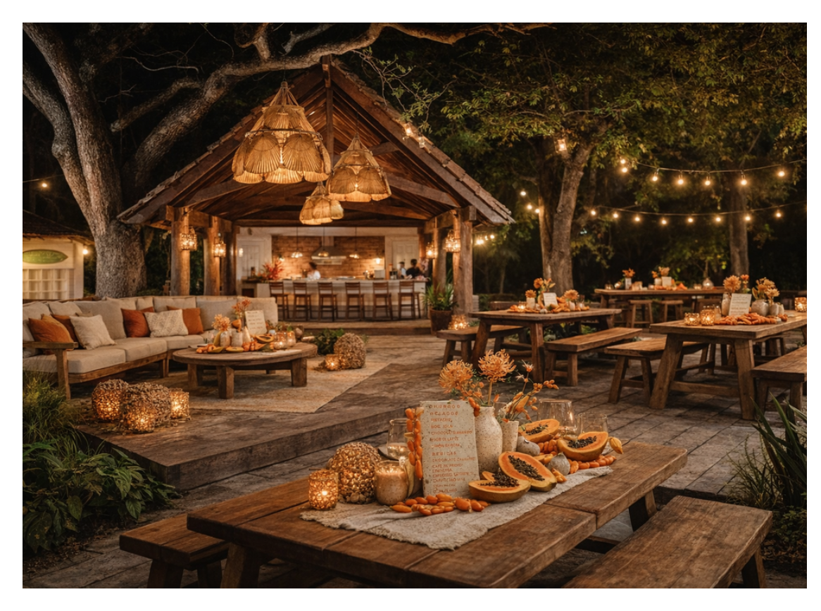 Welcome Sunset Party atmosphere with woven lamps and candlelight