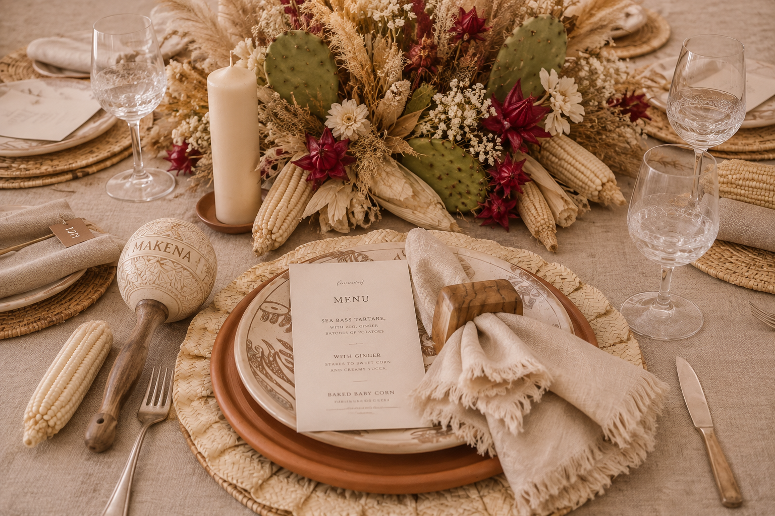 Table setting with linen, ceramics and dried florals