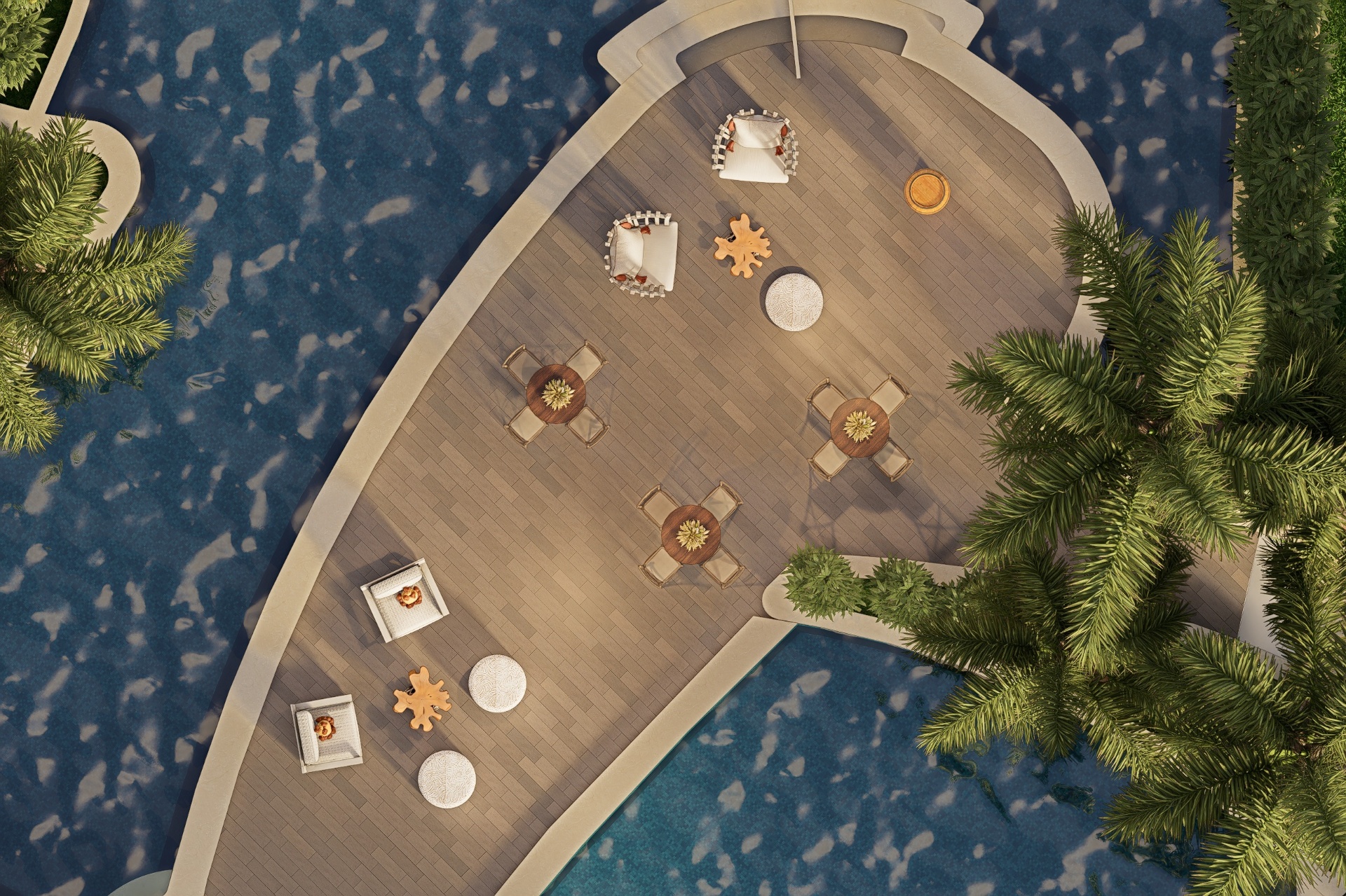Pool deck lounge and cocktail tables