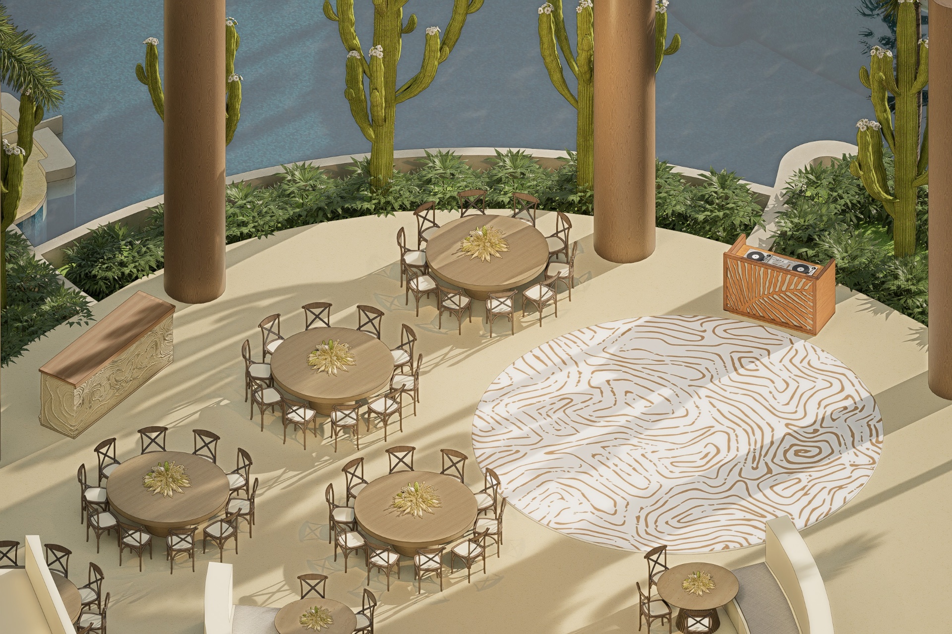Reception seating, dance floor and DJ booth