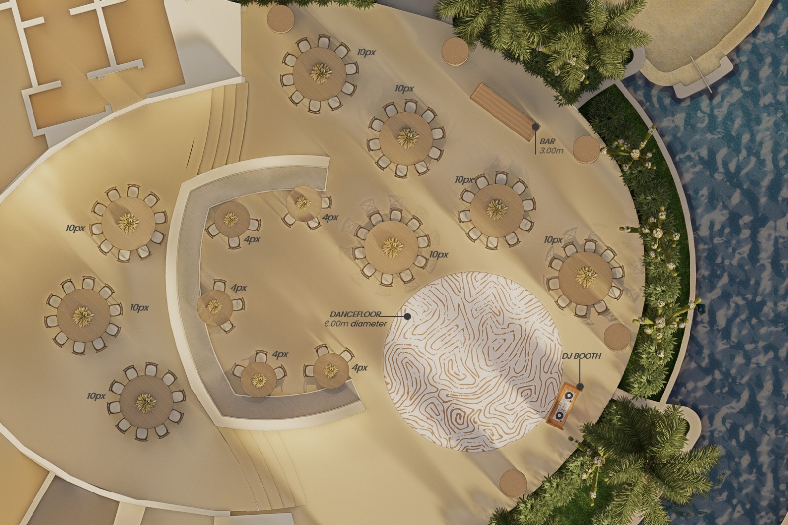 Reception floor plan with table counts, bar, dance floor and DJ booth